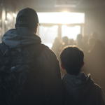 mężczyzna idzie z chłopcem w szkole